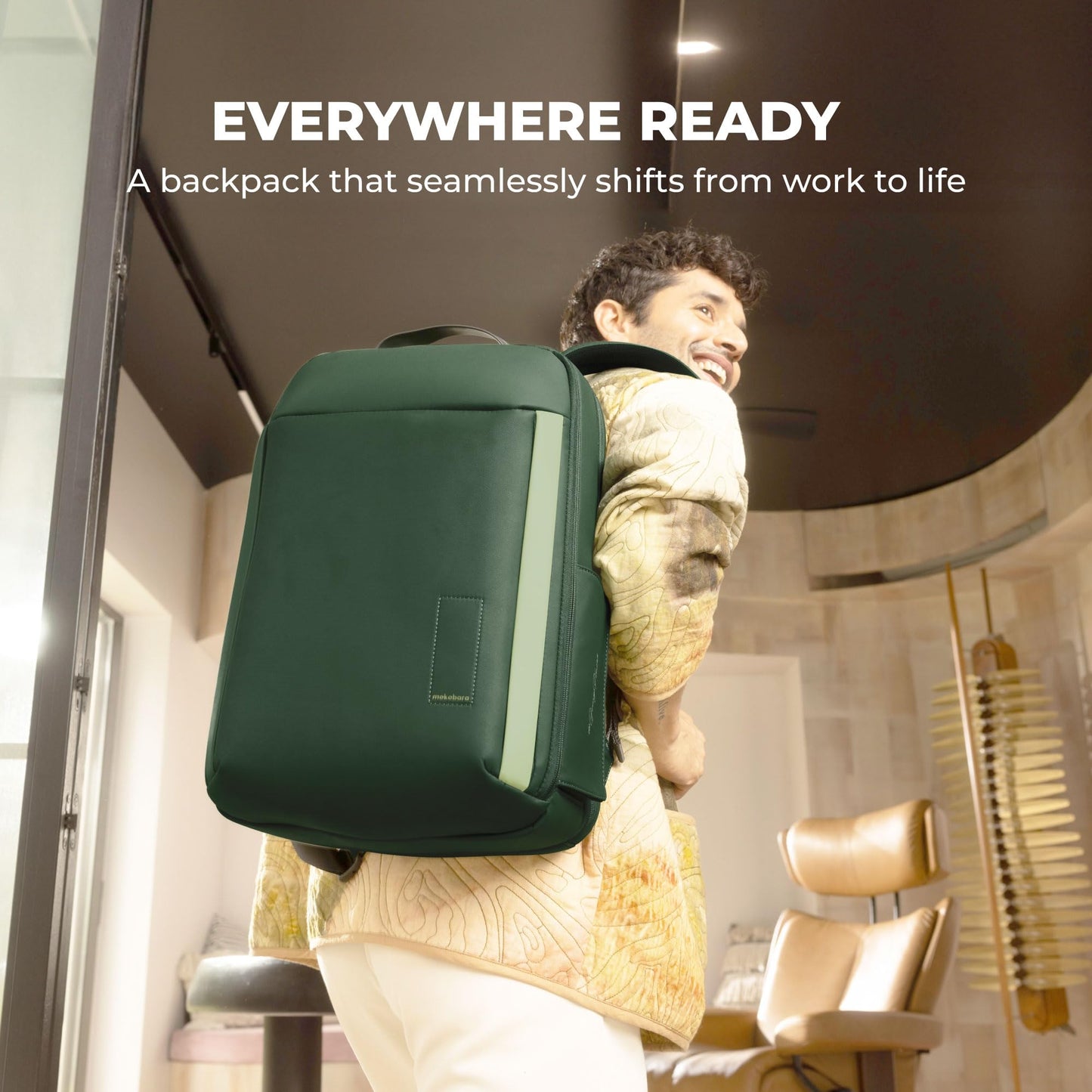 MOKOBARA The Autopilot Backpack Fits 15.6 Inch Laptop, 35L Capacity Premium Durable Nylon and Vegan Leather Green Unisex Multipurpose Laptop Backpack | Ideal for Office, Travel, School (Green Energy)