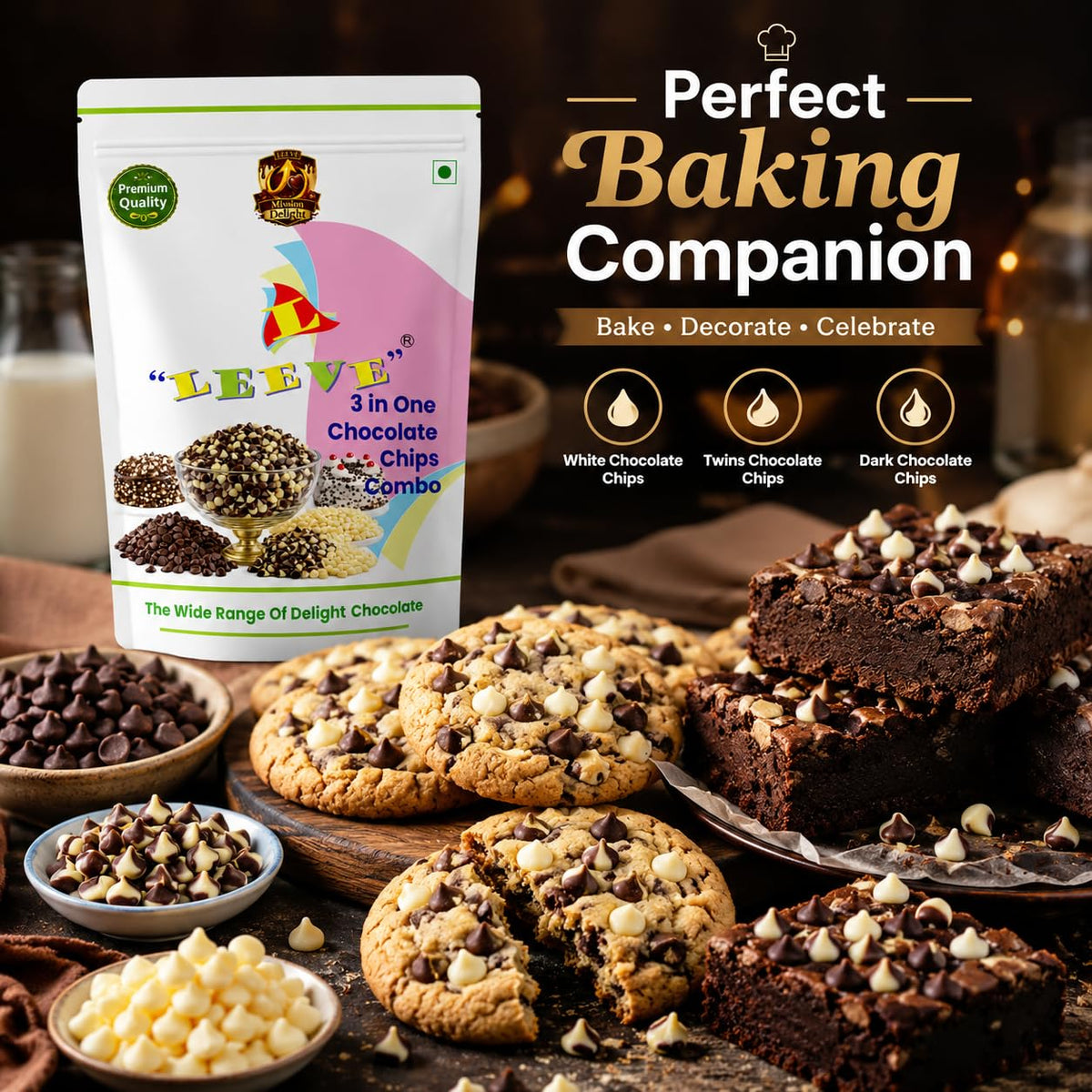 Leeve 3 in One Chocolate Chips Combo 400g | White Chocolates Chip, Dark Choco Chip's & Twins Chocolate Chips | Baking Toppings for Cakes, Cookies, Brownies & Dessert Decoration
