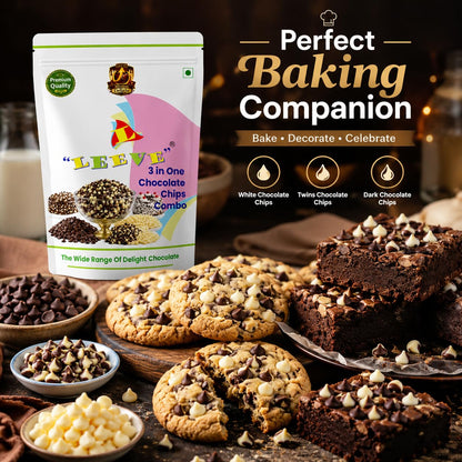 Leeve 3 in One Chocolate Chips Combo 400g | White Chocolates Chip, Dark Choco Chip's & Twins Chocolate Chips | Baking Toppings for Cakes, Cookies, Brownies & Dessert Decoration