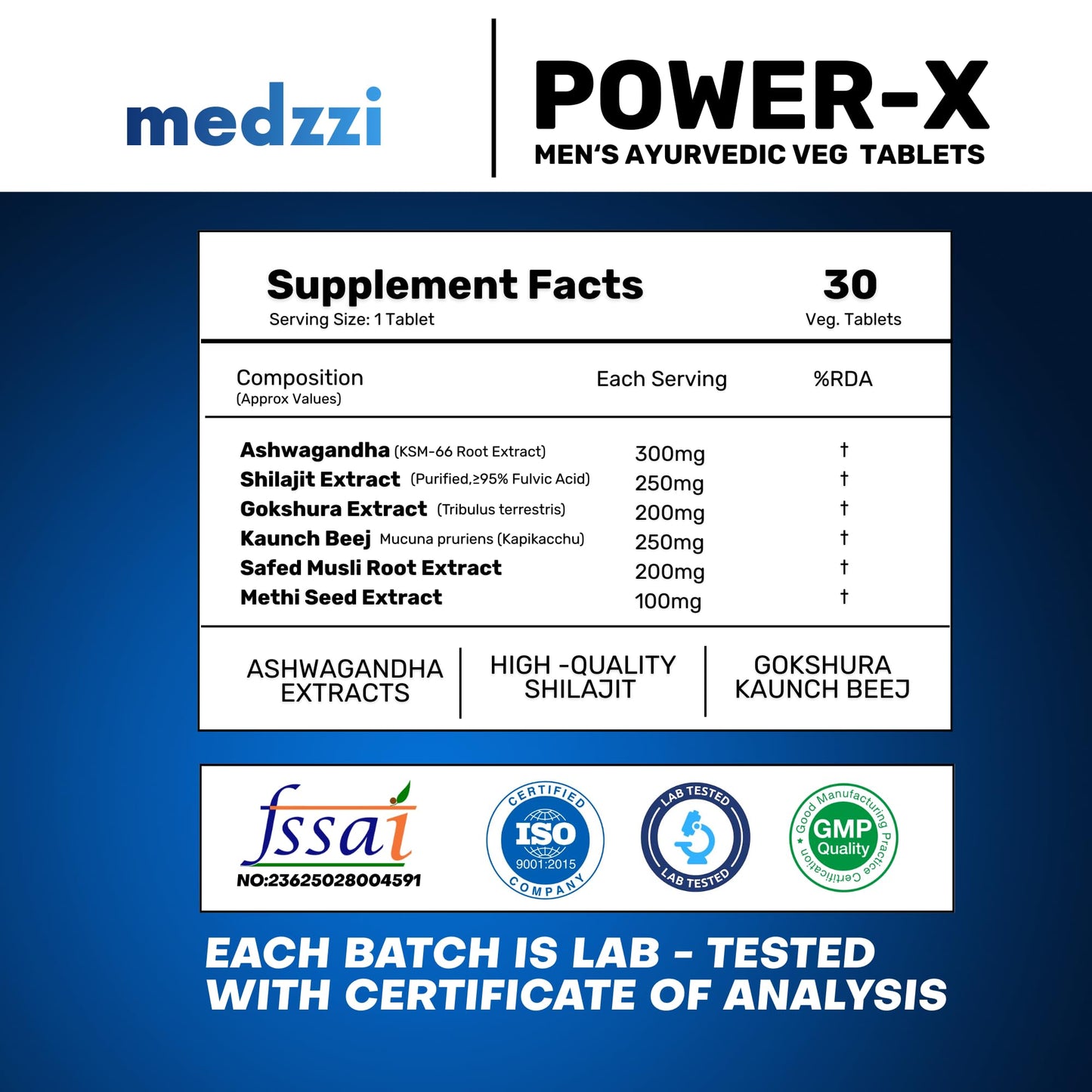 Medzzi Power-X Men’s Wellness Ayurvedic Veg Tablets | With Ashwagandha KSM-66, Shilajit, Gokshura & Kaunch Beej | Supports Stamina, Strength, Energy & Vitality | 30 Veg Tablets
