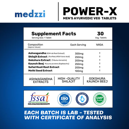 Medzzi Power-X Men’s Wellness Ayurvedic Veg Tablets | With Ashwagandha KSM-66, Shilajit, Gokshura & Kaunch Beej | Supports Stamina, Strength, Energy & Vitality | 30 Veg Tablets
