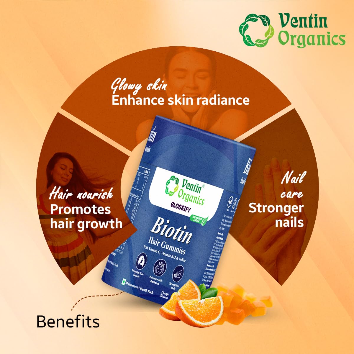 Ventin Organics Glossify Biotin Hair, Skin & Nails Gummies | 30 N | No Added Sugar | Enriched With Vitamins & Minerals | Strengthens Hairs & Nails, Brightens Skin Orange Flavour