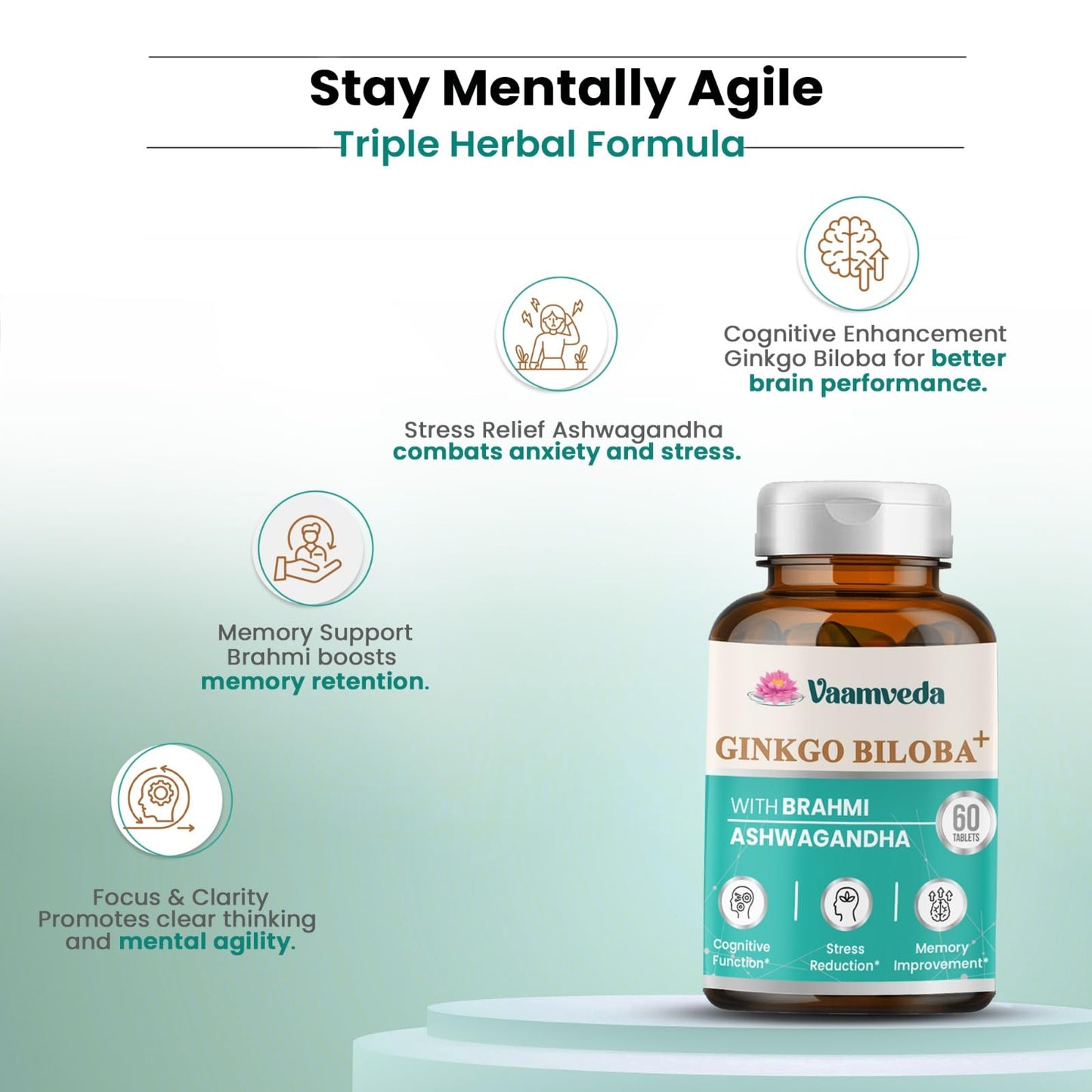Premium Ginkgo Biloba Capsules with Brahmi & Ashwagandha – Brain, Memory & Focus Support Supplement - 60 Ayurvedic Tablets