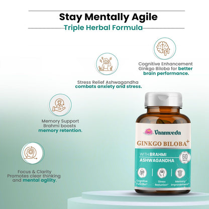 Premium Ginkgo Biloba Capsules with Brahmi & Ashwagandha – Brain, Memory & Focus Support Supplement - 60 Ayurvedic Tablets