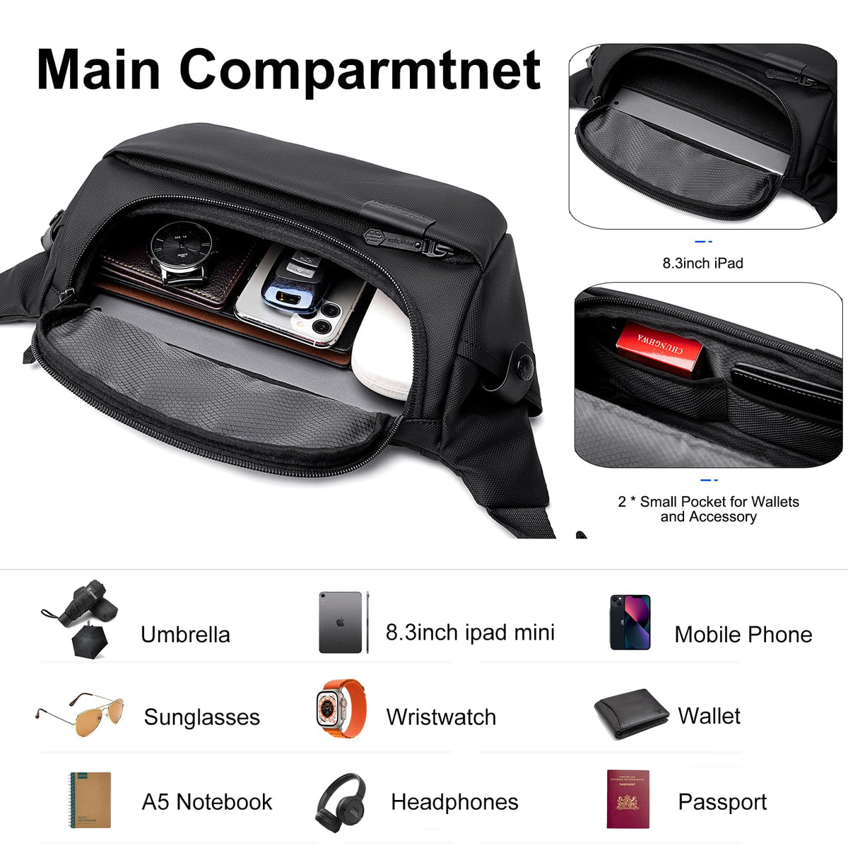 Arctic Hunter Sling Bag for Men Small 4L Side Bag for upto 8" iPad Padded Multi-pocket Chest Bag Lightweight Crossbody Pack Lightweight Water-resistant messenger Bag for Casual Office, Black