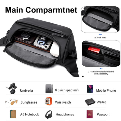 Arctic Hunter Sling Bag for Men Small 4L Side Bag for upto 8" iPad Padded Multi-pocket Chest Bag Lightweight Crossbody Pack Lightweight Water-resistant messenger Bag for Casual Office, Black