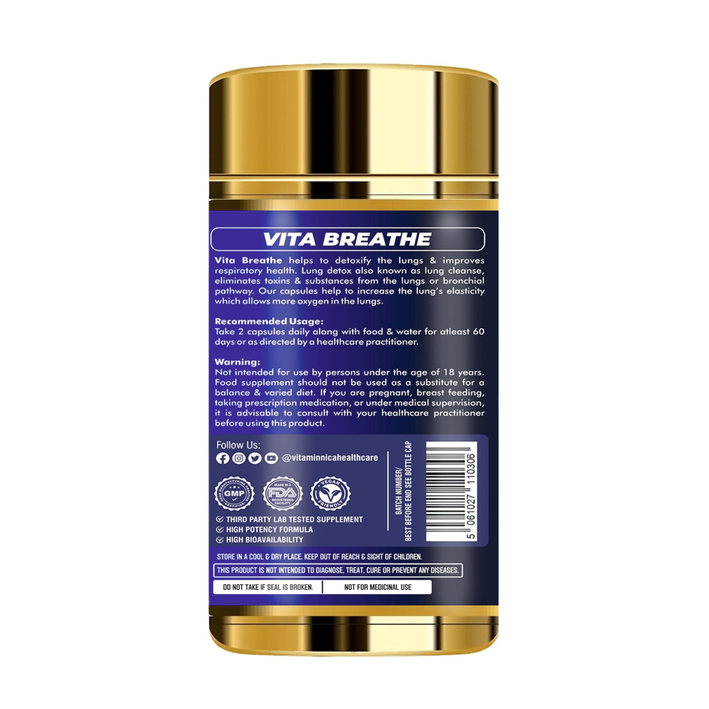 Vitaminnica Vita Breathe- Lungs Support | Cleanse and Detoxify Lungs | Reduces Damage from Smoking, Pollution, Improves Lung Health | 60 Veg Capsules | Better Respiratory Health