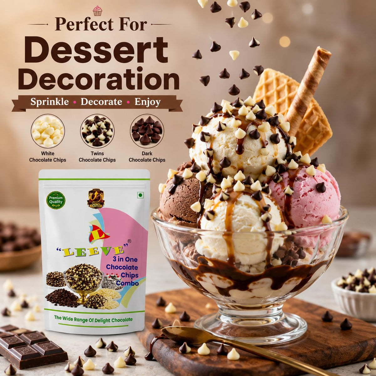 Leeve 3 in One Chocolate Chips Combo 400g | White Chocolates Chip, Dark Choco Chip's & Twins Chocolate Chips | Baking Toppings for Cakes, Cookies, Brownies & Dessert Decoration