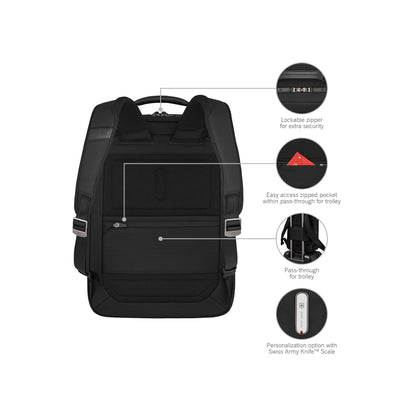 Victorinox Swiss Designed Backpack, Mythic Compact Backpack, Black, 14 Inch Laptop and Tablet Compartment, Business Travel Office Bag For Men & Women, Includes Travel Organiser | 17 Litres (653458)