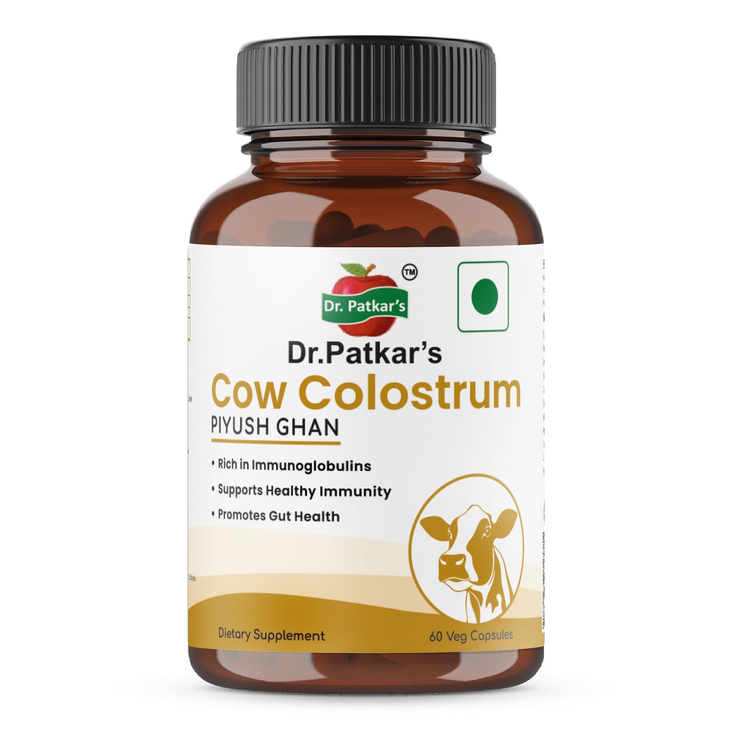 Dr. Patkar’s – Cow Colostrum 500 mg – Immune & Gut Health Supplement – High-Potency Colostrum Formula – Natural – 60 Vegetarian Capsules