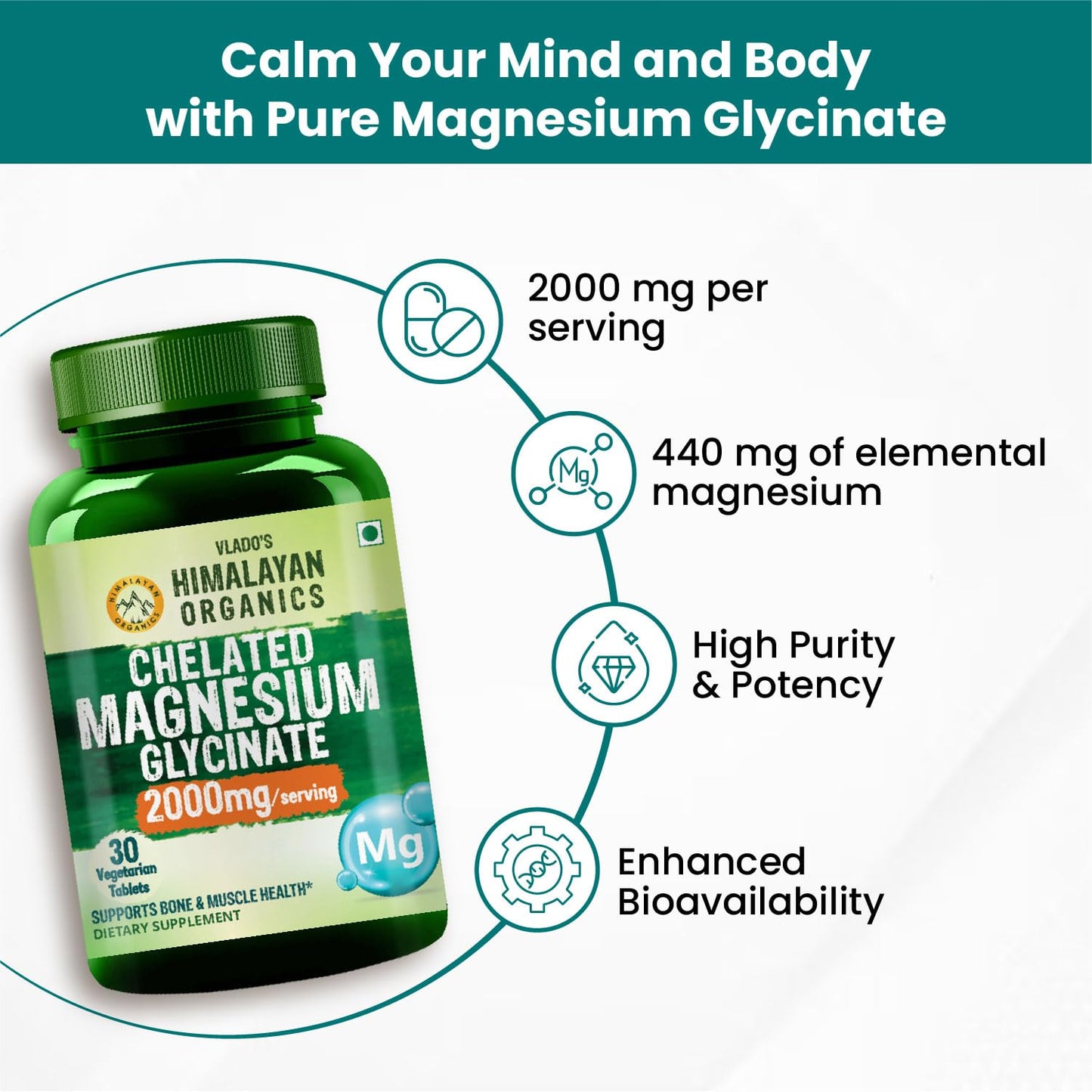 Vlado's Himalayan Organics Magnesium Glycinate Supplement 2000 MG - 30 Tablets
