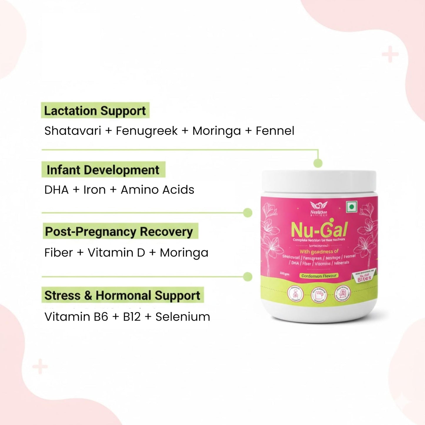 Nu-Gal Lactation Powder 200g | Postnatal Nutrition Drink for New Mothers | Blend of Shatavari, Fenugreek, Moringa, Fennel, DHA, Fiber, Vitamins & Minerals | No Added Sugar