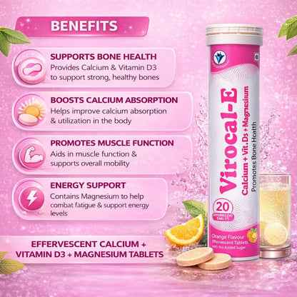 Virgo Healthcare Virocal-E Calcium + Vitamin D3 + Magnesium Effervescent Tablets | Orange Flavour | Bone Health Support | Muscle Strength & Immunity Support | 20 Effervescent Tablets
