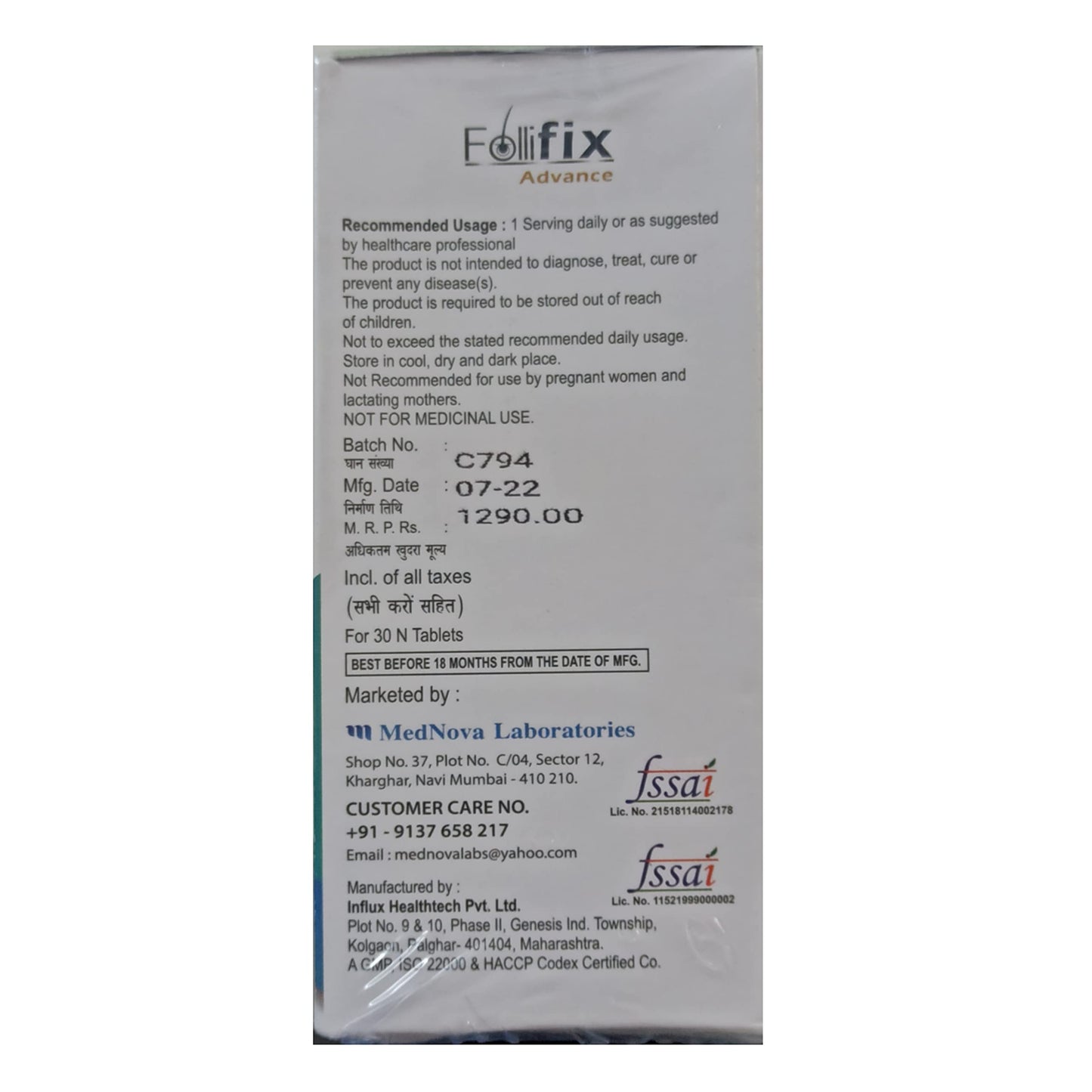 Follifix Advance Hair Nutrition Pack of 30 Tabs