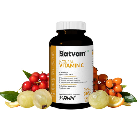 SATVAM Natural Vitamin C Tablets – 100% Organic, Plant Based, Antioxidant, Supports Immunity & Skin Health – 60 Tablets x 500mg, With Rose Hip, Sea Buckthorn, Acerola Berry, Amla – FSSAI Licensed