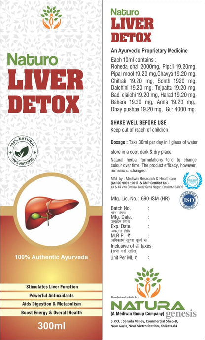 MEDIWIN LABORATORIES Naturo Liver Detox Syrup - 300ml | Ayurvedic Liver Tonic with Kalmegh, Bhringraj & Kutki | Detoxifies, Improves Digestion & Supports Liver Function