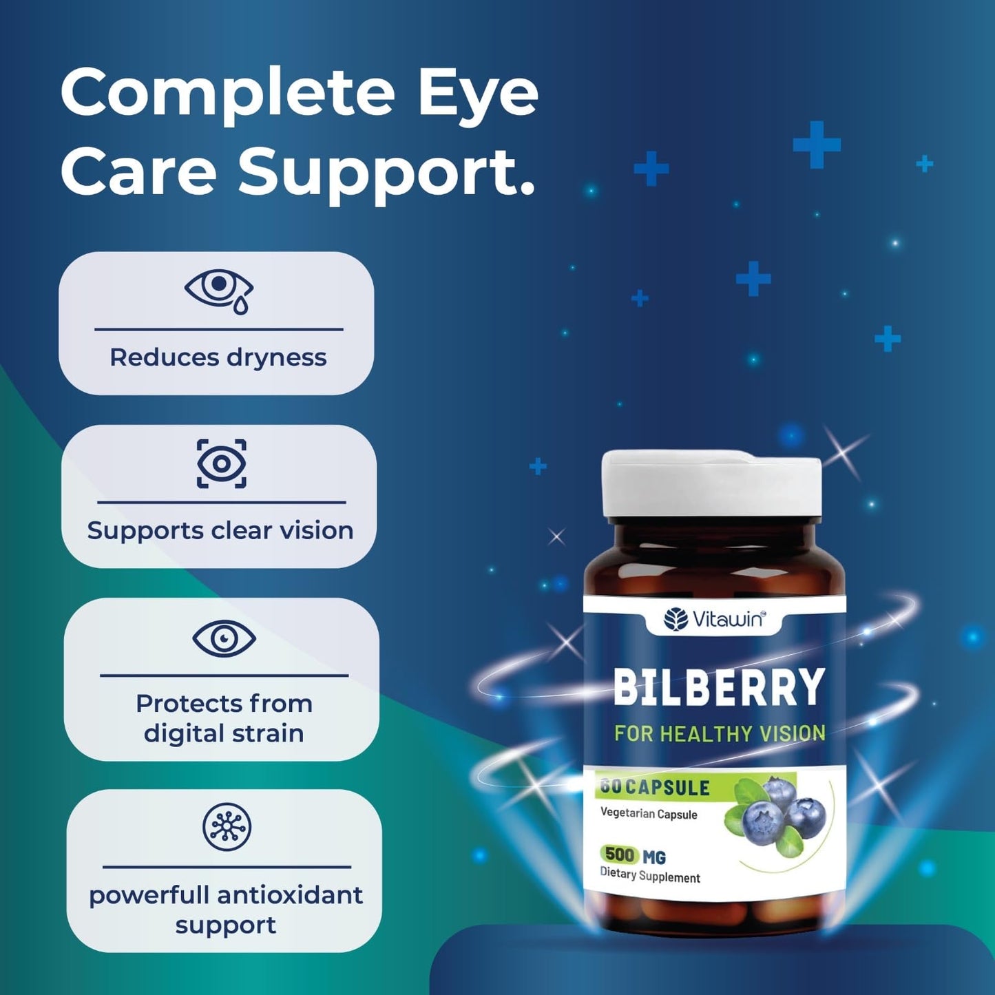 VitaWin Bilberry Extract 500mg for Eye Health & Vision Support | Rich in Natural Antioxidants | Supports Healthy Eyes, Retinal Wellness & Daily Screen Exposure | 60 Veg Capsules