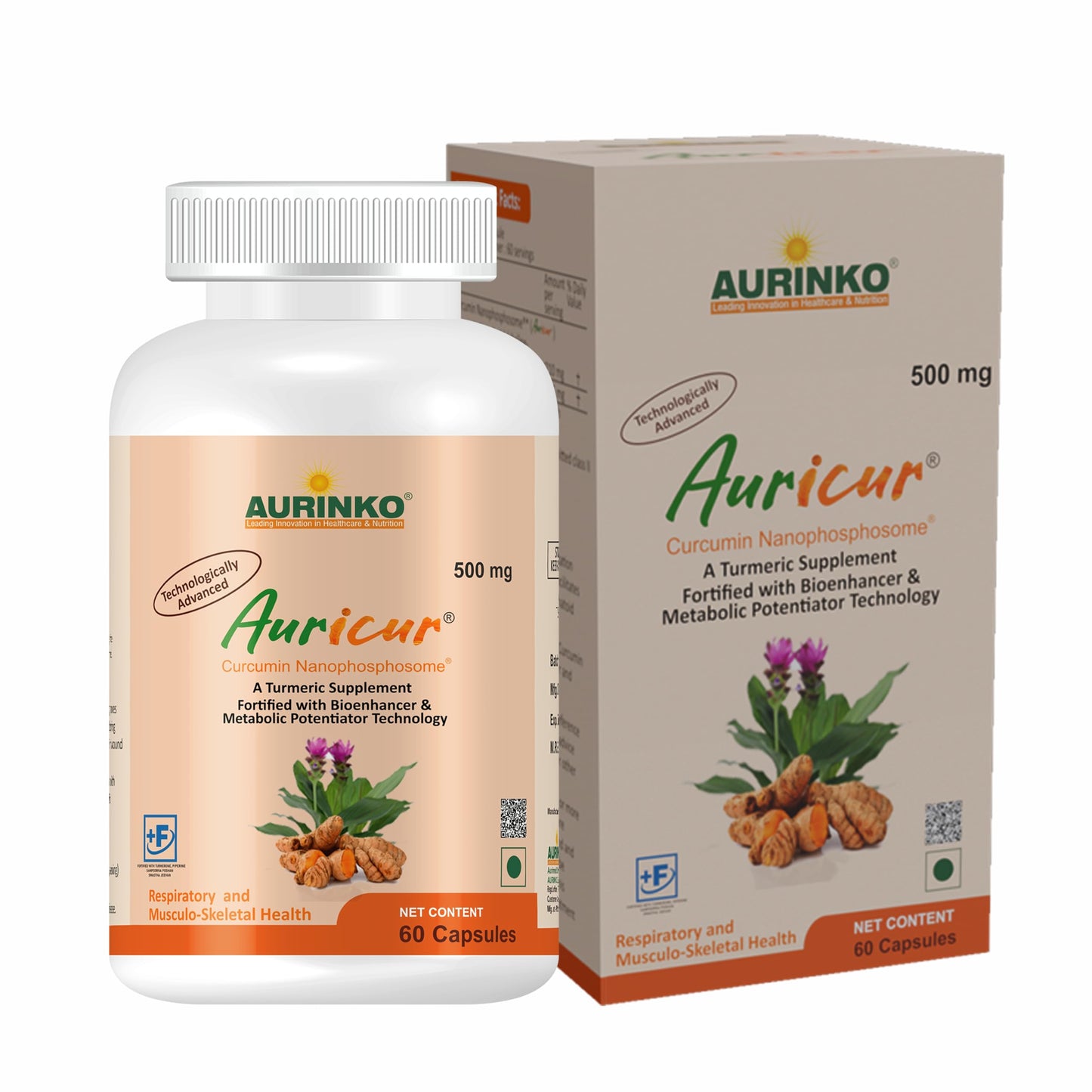 Auricur Curcumin Nanophosphosome 210mg with Curcuminoids 95mg, Fortified with Turmerone and Piperine by Aurinko Healthcare – 60 Capsules