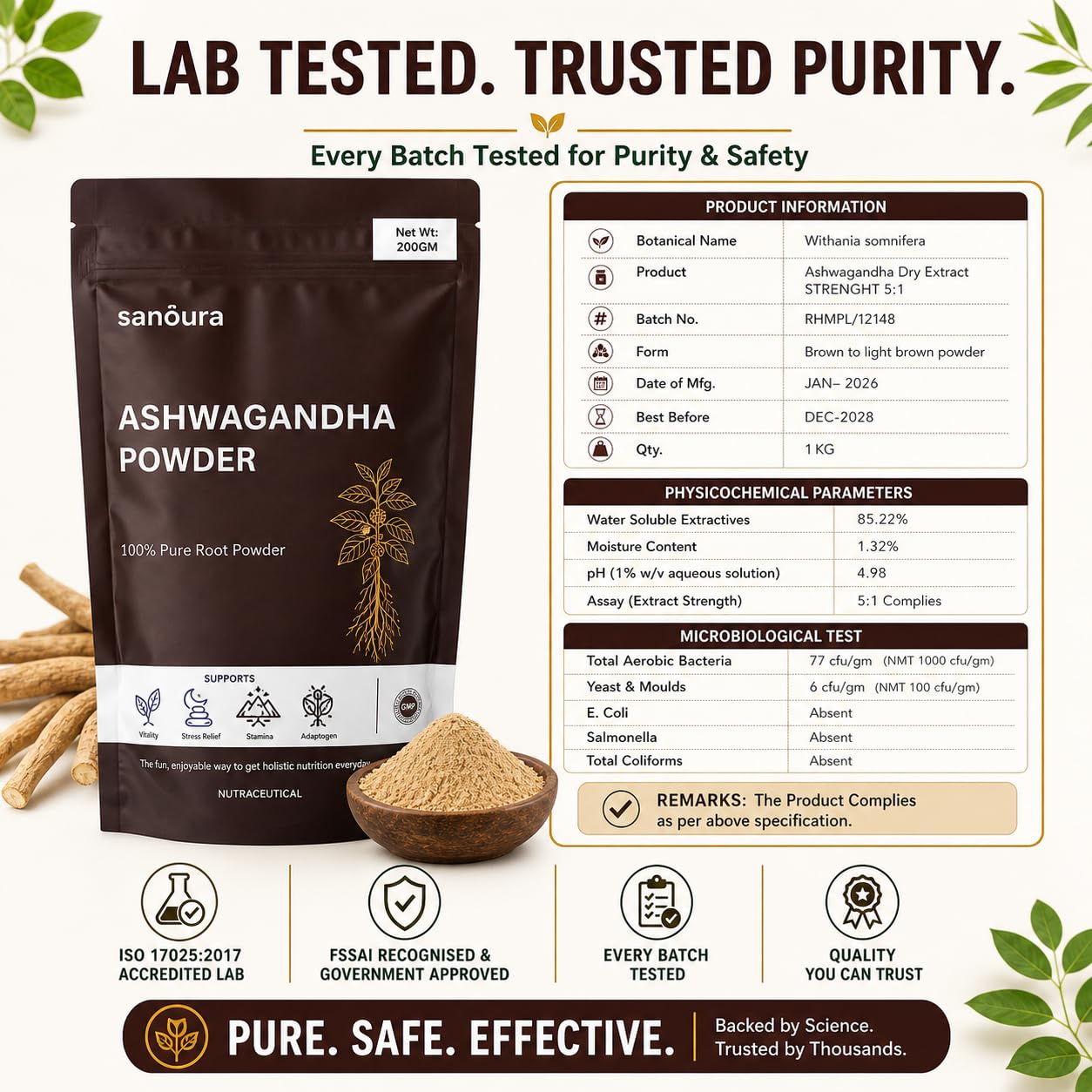 Sanoura Ashwagandha Powder 200g | Pure Root Powder | Lab Tested | Stress, Sleep & Stamina Support