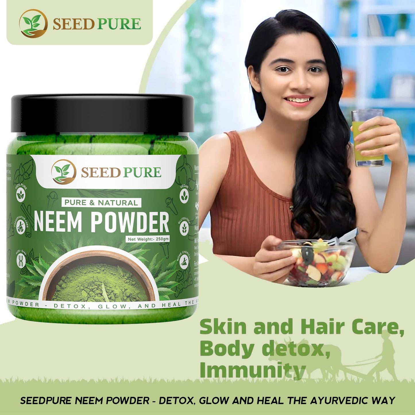 Seedpure Organic Neem Powder 250g | Pure Neem Leaf Powder for Skin, Hair, Immunity & Detox | Herbal Supplement for Acne, Oral Care & Wellness | No Additives or Preservatives