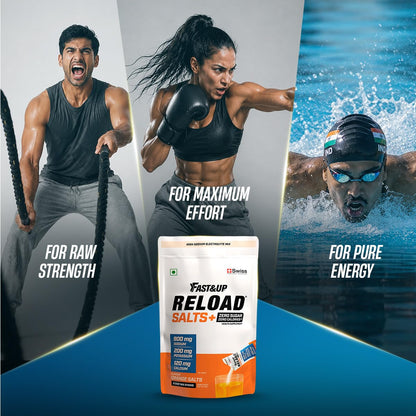 Fast&Up Reload Salts | High Sodium Electrolyte Drink Mix | 900mg Sodium | Zero Sugar, Zero Calories| 5 Electrolytes - Potassium, Magnesium, Calcium & Chloride | Instant Hydration | Vegan, No Preservatives | (5 Sachets, Orange)
