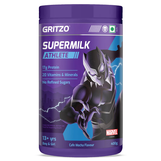 Gritzo SuperMilk Athlete Black Panther (13+y Boy & Girl), 17g Protein Powder (Cafe Mocha, 400g) | No Refined Sugars, 20 Vitamins & Minerals