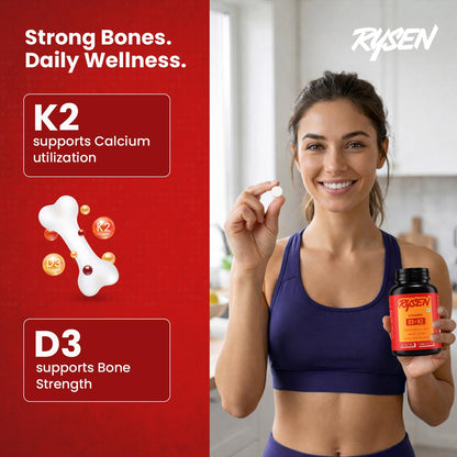 RYSEN Vitamin D3 + K2 MK-7 Tablets (120 Vegan Tablets) | Supports Calcium Absorption, Bone & Heart Health | Vitamin D Supplement for Men & Women | K2 55 mcg, D3 600 IU | Lab Tested