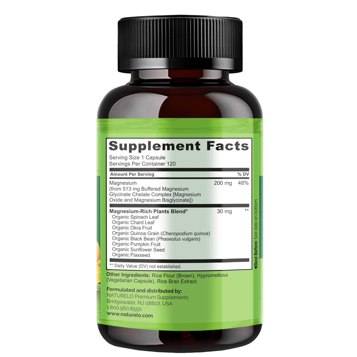 Naturelo Magnesium Glycinate Supplement 200 mg 120 Vegetarian Capsules
