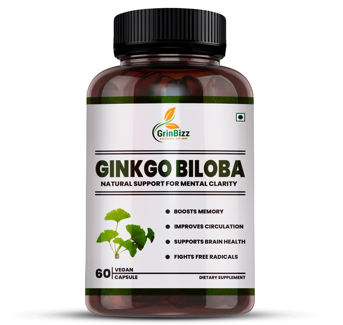 Grinbizz Ginkgo Biloba Capsules | Supports Memory, Focus & Brain Health | Improves Circulation & Mental Clarity | Antioxidant Herbal Supplement | 60 Capsules