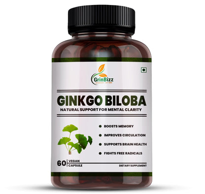 Grinbizz Ginkgo Biloba Capsules | Supports Memory, Focus & Brain Health | Improves Circulation & Mental Clarity | Antioxidant Herbal Supplement | 60 Capsules