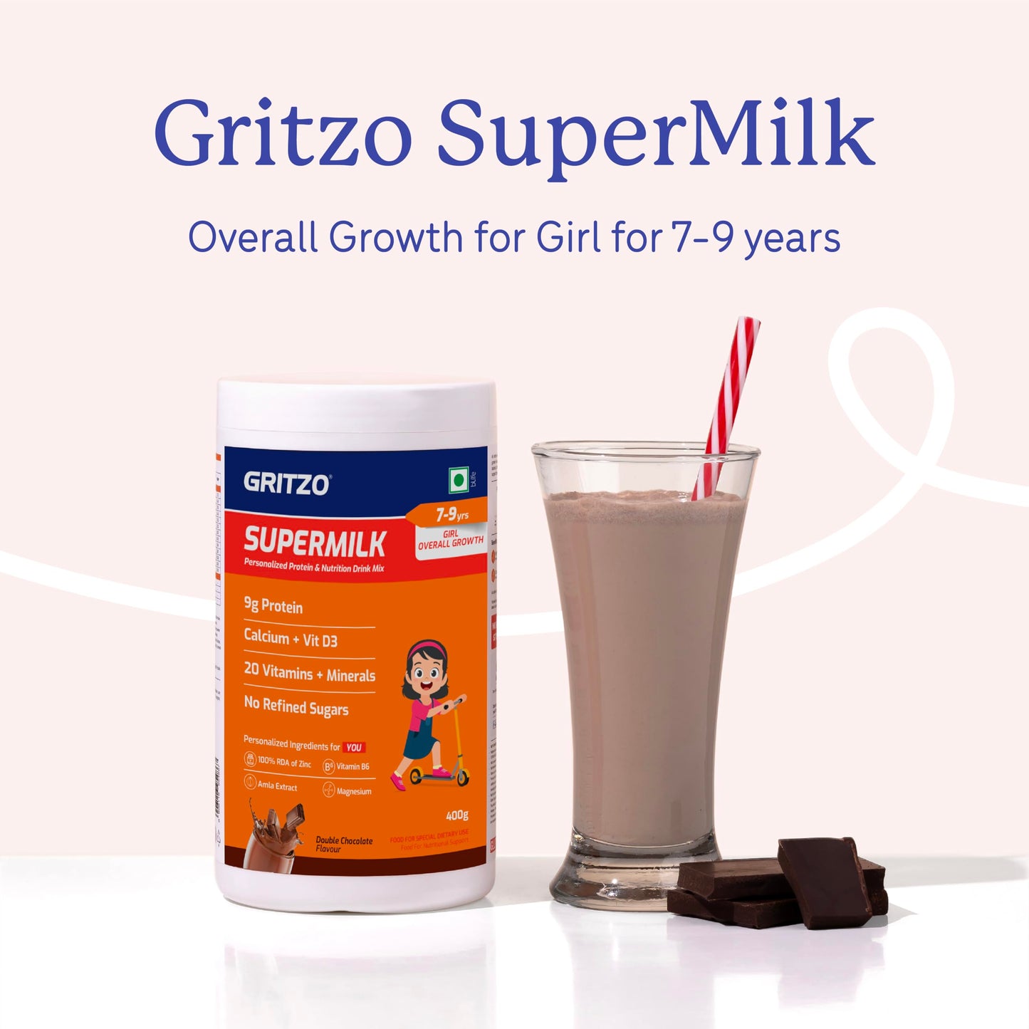 Gritzo SuperMilk Overall Growth (7-9y Girls), 9g Protein Powder (Double Chocolate, 400g) | Zero Refined Sugar, 20 Vitamins & Minerals