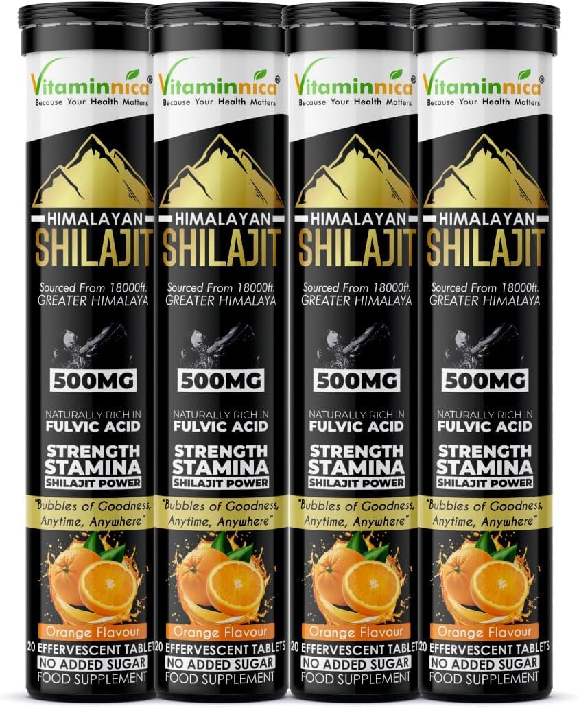Vitaminnica Himalayan Shilajit Gold Effervescent Tablets, Orange Flavour, High Strength Fulvic Acid, Pack of 4, 20 Count