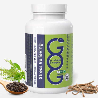 Goodness of Green Stress Relief Capsules with Tulsi & Ashwagandha, Natural Stress & Anxiety Support, Enhances Sleep Quality, Focus & Emotional Balance, 100% Pure, Vegan, Gluten-Free, 30 Veg Capsules