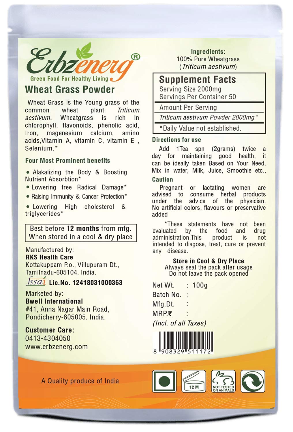 ERBZENERG Organic WHEATGRASS Powder 100g and 60 Capsules