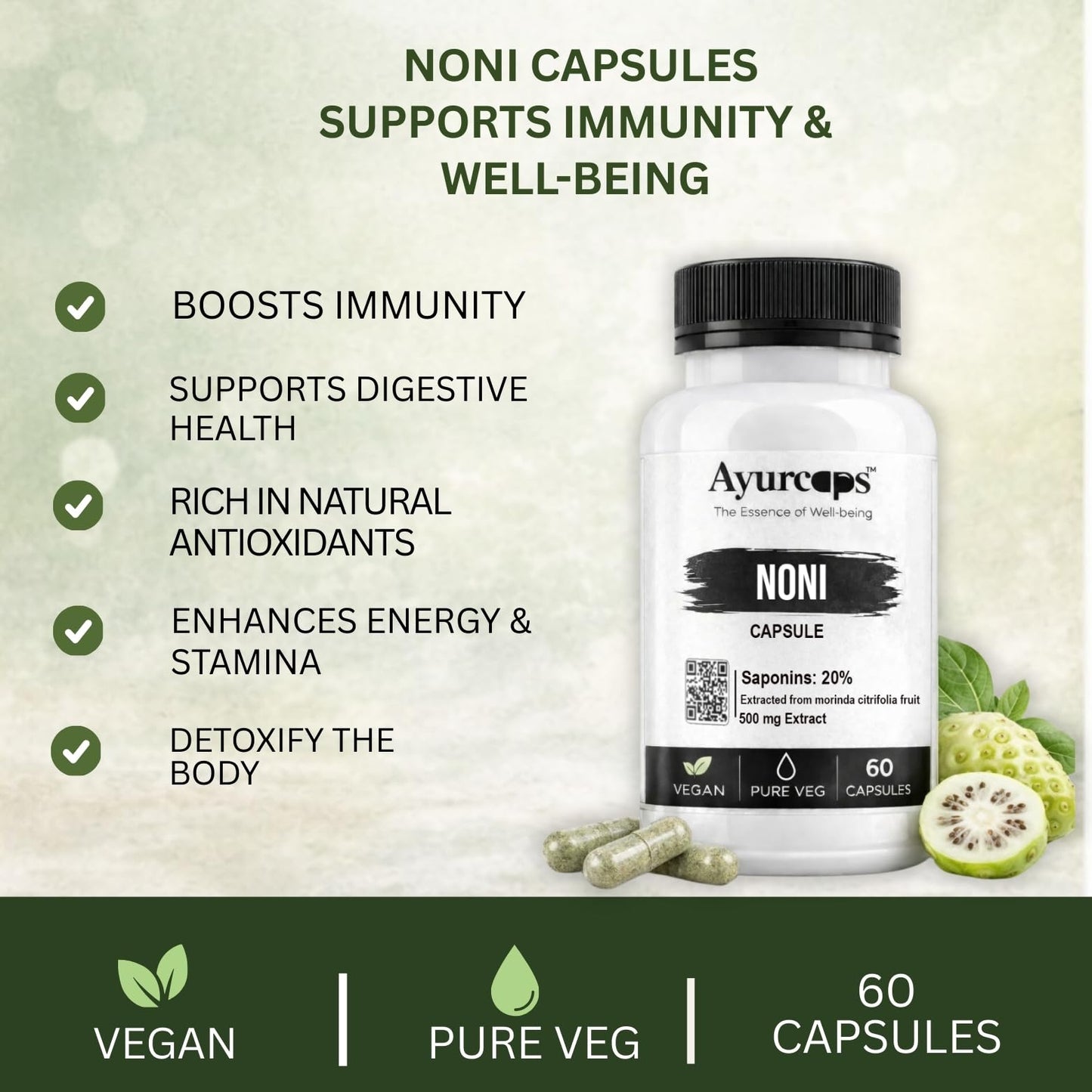Ayurcaps Noni 500mg 60 Veg Capsules | Herbal Noni Fruit Extract Supplement For Immunity Support, Energy And Antioxidant Wellness | Ayurvedic Plant Based Daily Health Supplement (Pack of 1)