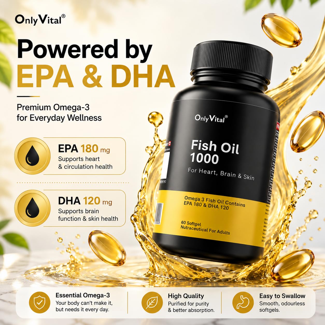 OnlyVital Fish Oil 1000 mg Softgels | Omega 3 with EPA 180 mg & DHA 120 mg | Supports Heart, Brain & Skin Health | Nutraceutical Supplement | 60 Softgels