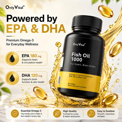 OnlyVital Fish Oil 1000 mg Softgels | Omega 3 with EPA 180 mg & DHA 120 mg | Supports Heart, Brain & Skin Health | Nutraceutical Supplement | 60 Softgels
