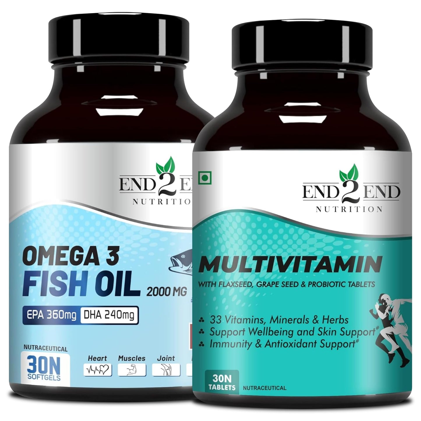 End2End Nutrition Omega 3 Fish Oil capsules and Multivitamin tablets with 33 Vitamins, Minerals and Herbs for Men and Women | Heart, Brain, Eye & Skin Health - (30x2)