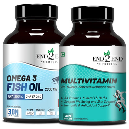 End2End Nutrition Omega 3 Fish Oil capsules and Multivitamin tablets with 33 Vitamins, Minerals and Herbs for Men and Women | Heart, Brain, Eye & Skin Health - (30x2)