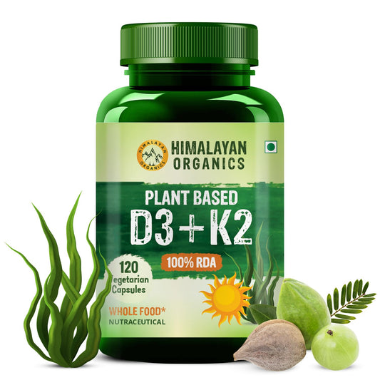 Himalayan Organics Plant Based 600iU Supplement | Vitamin D3(Lichen) + K2(Menaquinone Mk7) | Faster Absorption | Boost Immunity | Healthy Bones -120 Veg Capsules