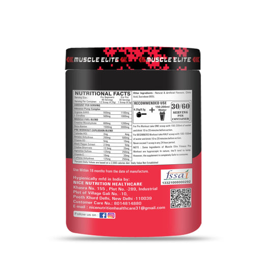 MUSCLE ELITE FITNESS Pre Workout Body Supplement – 255g, Watermelon Flavour