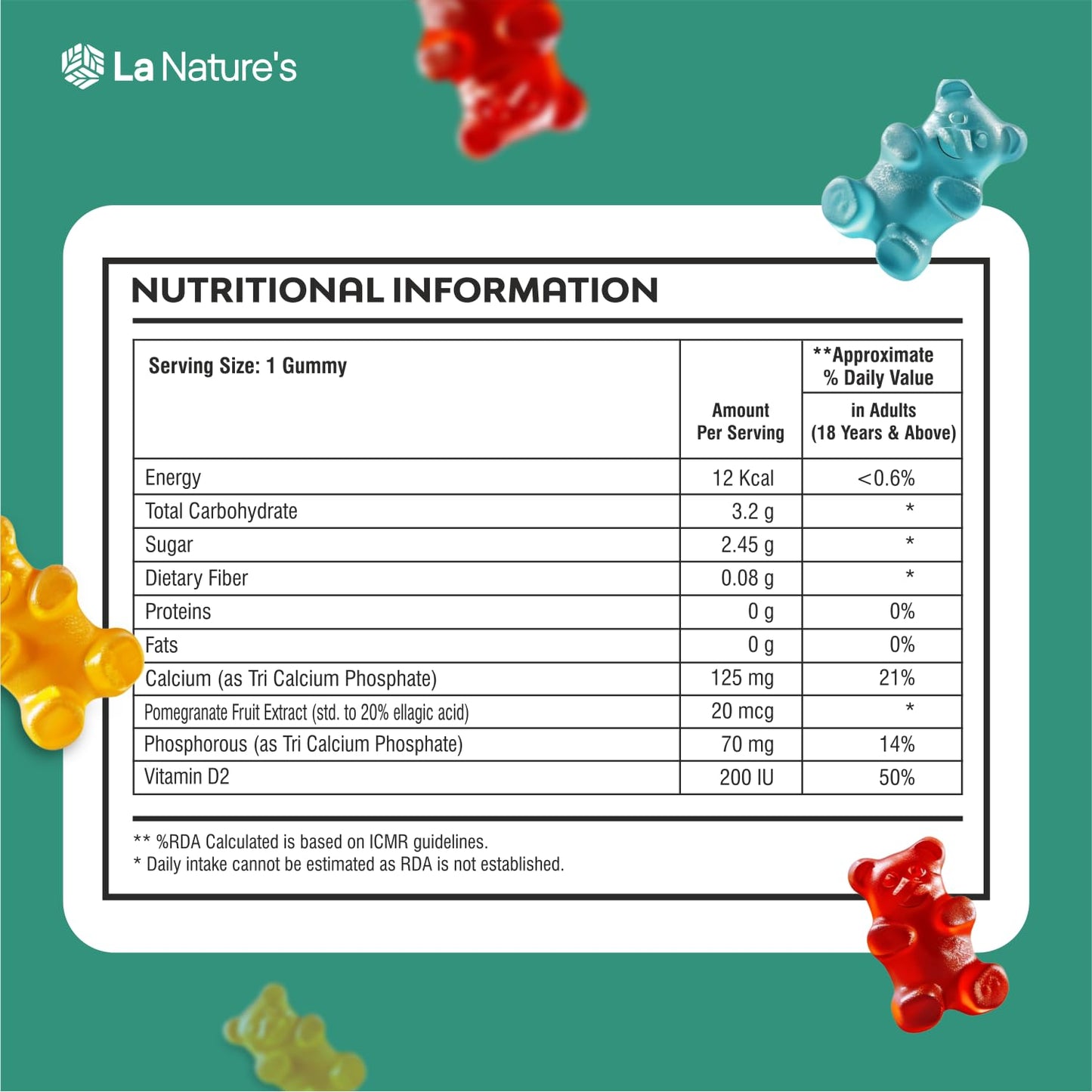 La Nature's Calcium and Vitamin D Gummies for Kids 60 Days Pack, Support Strong Bones, Joints & Muscles, For Healthy Teeth, Vegetarian (Mango & Strawberry Flavor)