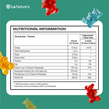 La Nature's Calcium and Vitamin D Gummies for Kids 60 Days Pack, Support Strong Bones, Joints & Muscles, For Healthy Teeth, Vegetarian (Mango & Strawberry Flavor)