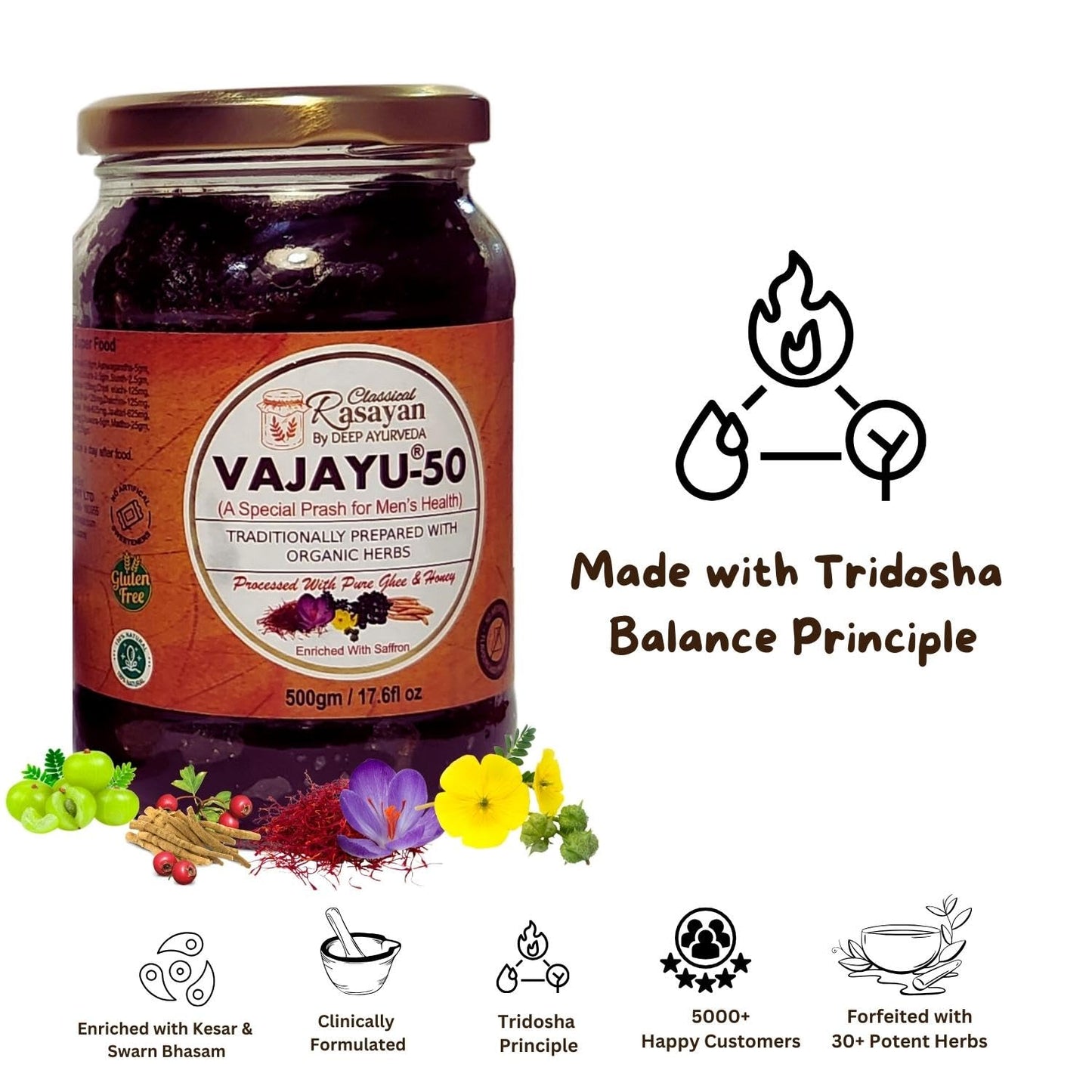 Deep Ayurveda Vajayu® 50 Prash | Ayurvedic Superfood with 30+ Herbs for Men’s Wellness | Boosts Testostrone Level, Energy, Strength, Stamina & Vitality | 500g Pack