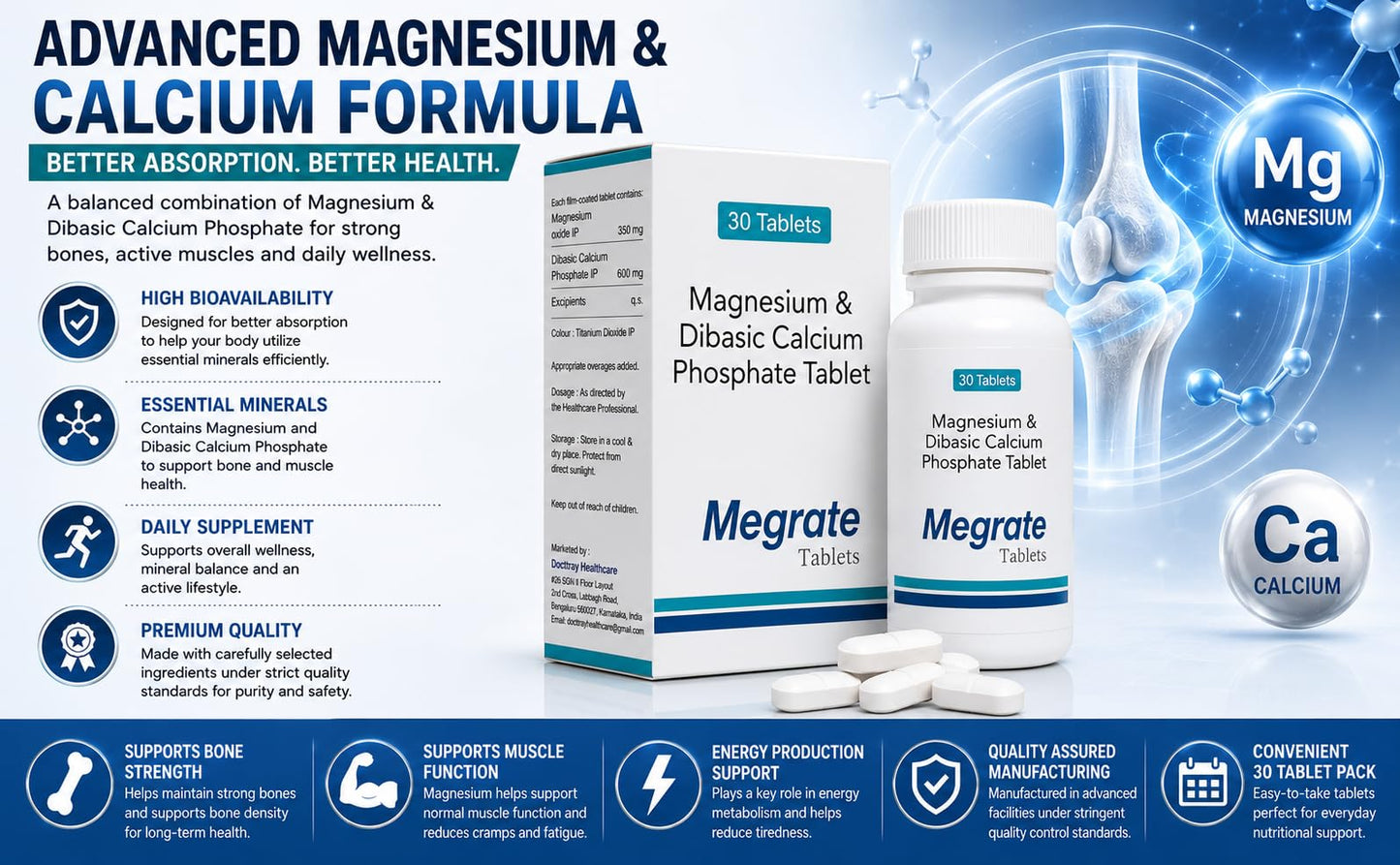 Docttray Megrate Magnesium and Dibasic Calcium Phosphate Tablets-30 Tablets