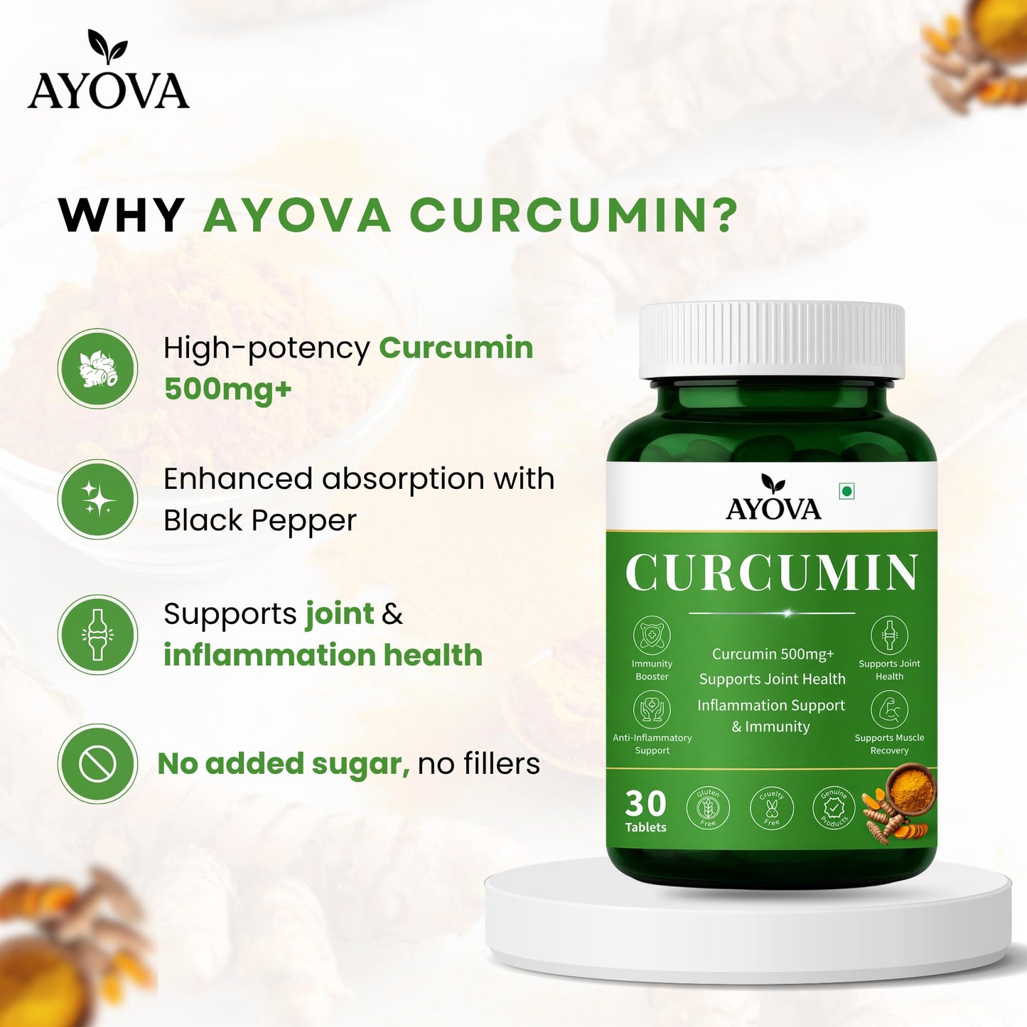 Ayova Curcumin Tablet with Garlic Extract and Black Pepper, Sugar-Free -500mg | Supports Joint Health, Inflammation Support & Immunity | Plant-Based Anti-Inflammatory Supplement for Men & Women | 30 Tablet
