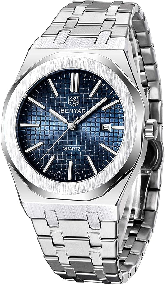 BENYAR Business Casual Blue Dial Stainless Steel Date Display Analog Watch for Men