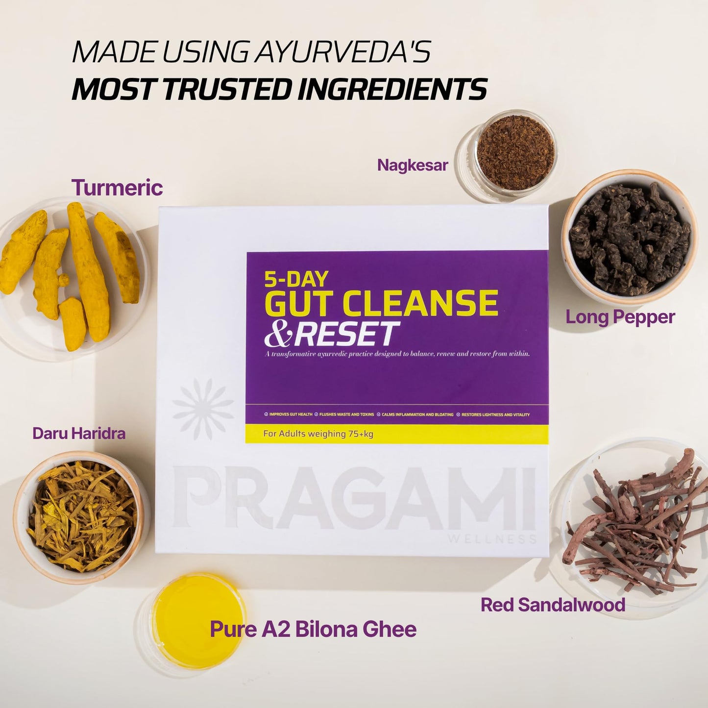 PRAGAMI Gut Cleanse & Daily Detox Combo | 5-Day Gut Reset Kit (55-75 Kg) + Agni Gut Shots 15×10Ml | Ayurvedic Gut Cleanse for Bloating, Constipation & Acidity Relief | A2 Bilona Ghee + Herbal Actives | Supports Gut Health, Microbiome & Immunity | Lab Test