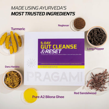 PRAGAMI Gut Cleanse & Daily Detox Combo | 5-Day Gut Reset Kit (55-75 Kg) + Agni Gut Shots 15×10Ml | Ayurvedic Gut Cleanse for Bloating, Constipation & Acidity Relief | A2 Bilona Ghee + Herbal Actives | Supports Gut Health, Microbiome & Immunity | Lab Test
