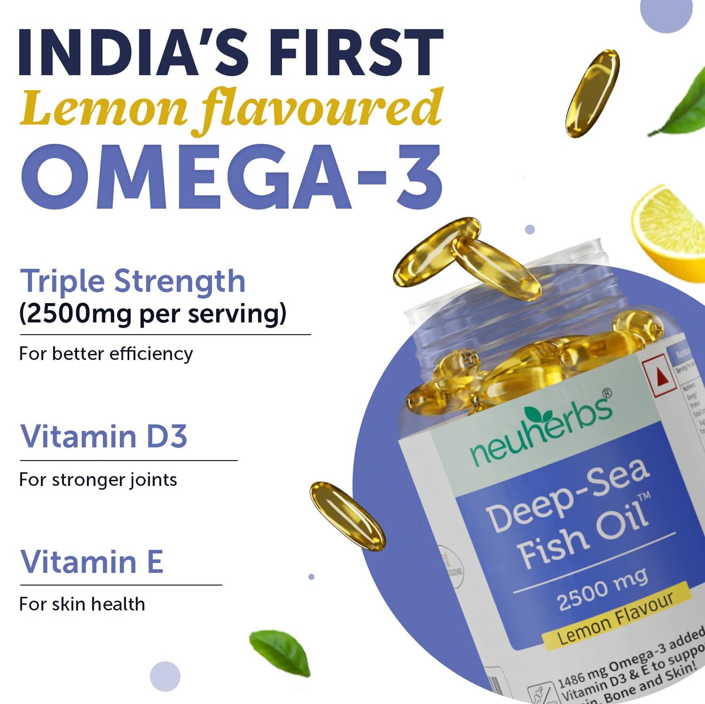 Neuherbs Deep Sea Omega 3 Fish Oil 30 Softgels for Men and Women, Omega 3 Supplement Triple Strength 2500 Mg for Muscle, Joints, Heart & Cognitive Support, No Fishy Burps with Lemon Flavour